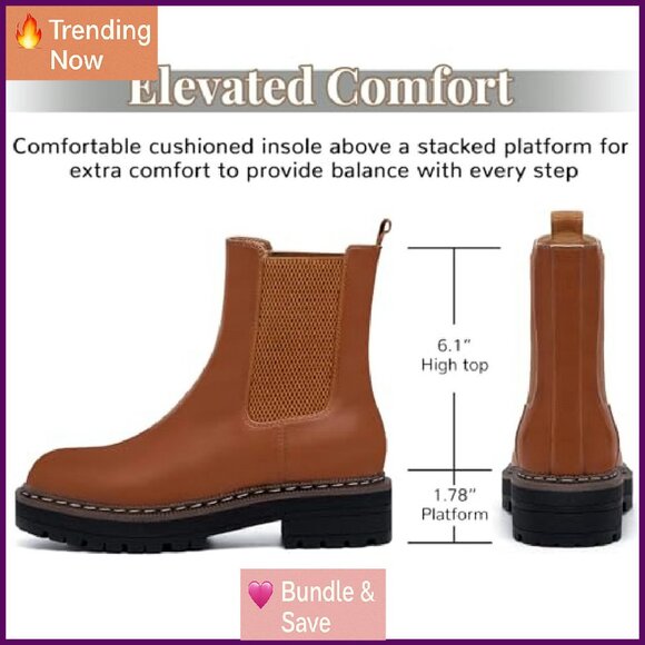 Leather Chelsea Ankle Boots Platform Chunky Heel Slip On Lug Sole - Picture 3 of 8